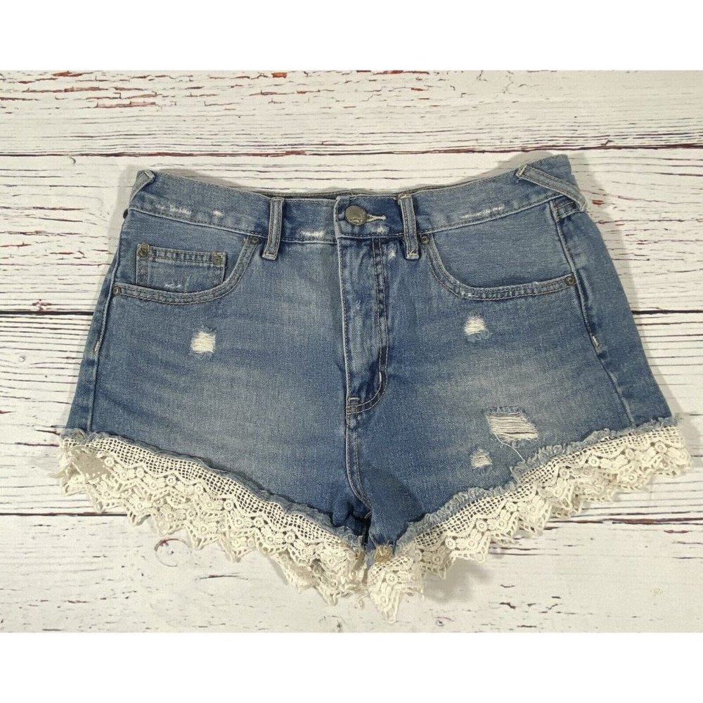 Free People Womens Jean Shorts Sz 28 Denim Booty Mini Crochet Lace Hem High Rise